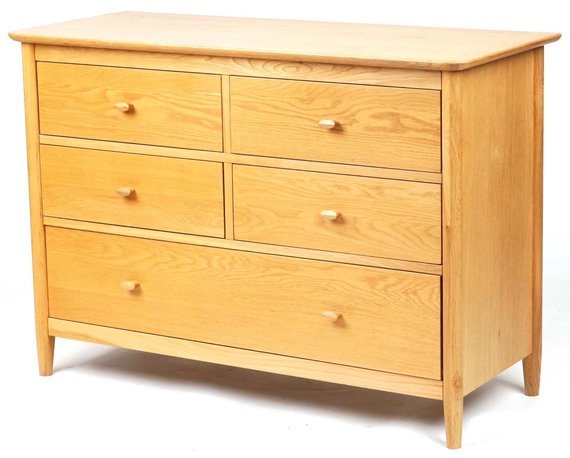 Ercol Teramo contemporary light oak five drawer chest, 79cm H x 114cm W x 47cm D