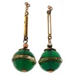Pair of antique 9ct gold emerald drop earrings, each 2.6cm high, total 2.7g