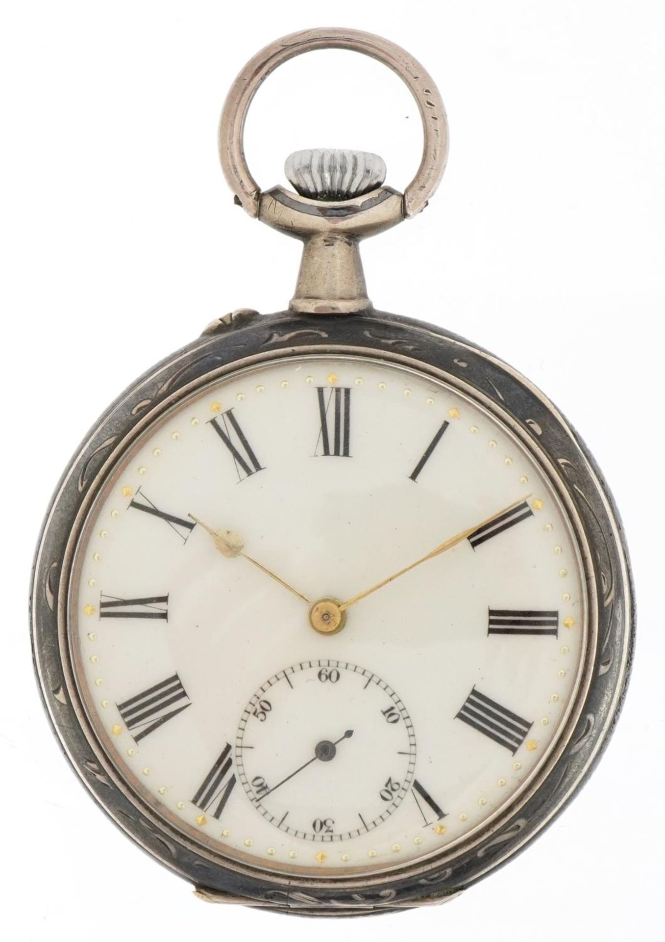 German 800 grade silver niello work open face keyless pocket watch having enamelled and subsidiary