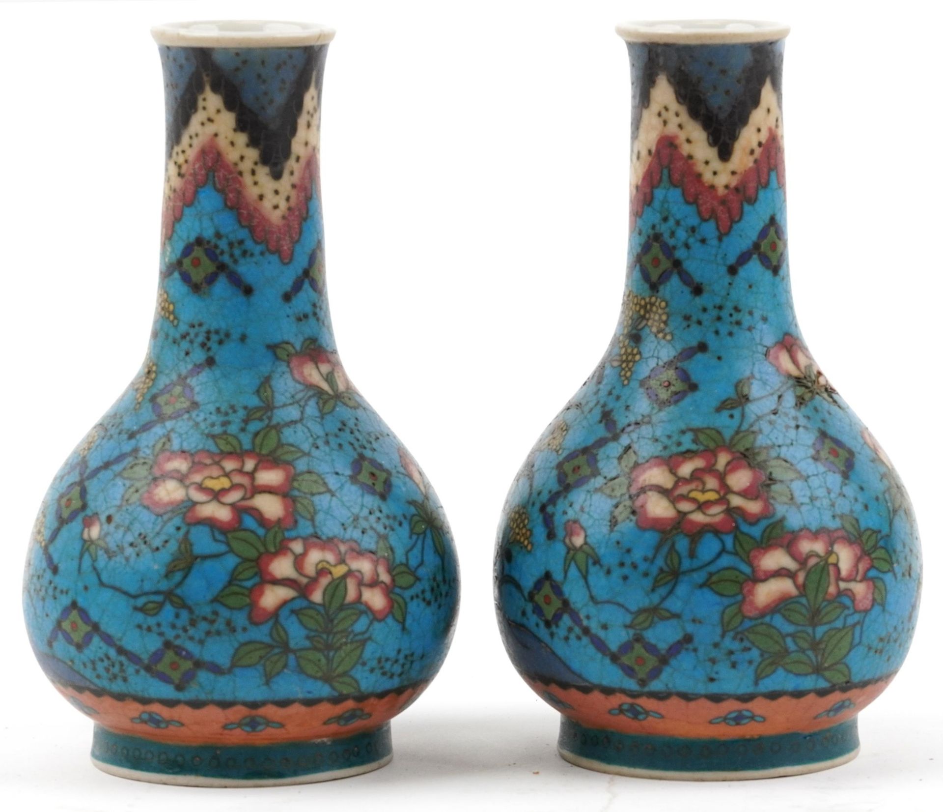 Pair of Japanese Owari shippo porcelain vases enamelled with flowers, each 19cm high - Image 2 of 6