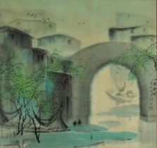 Chinese watercolour- Figures beside water before a bridge with fishing boats, signed with red seal
