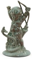 Antique bronze door stop of Cupid fighting a snake, 40cm high