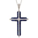 18ct white gold sapphire and diamond cross pendant on an 18ct white gold necklace, total diamond