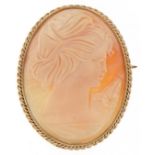 9ct gold mounted cameo shell pendant carved with a maiden head, 3.8cm high, 9.6g