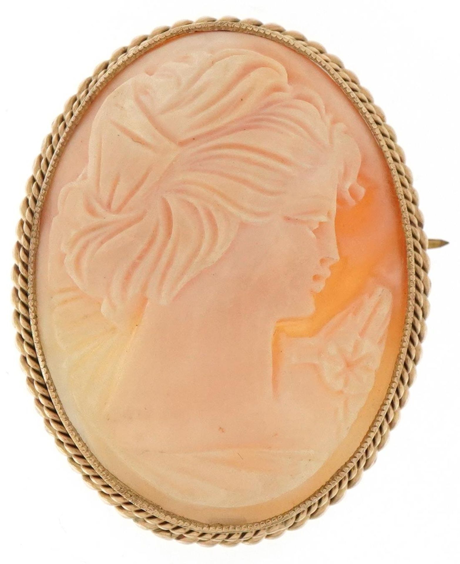 9ct gold mounted cameo shell pendant carved with a maiden head, 3.8cm high, 9.6g