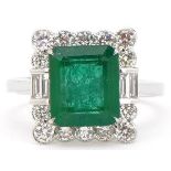 18ct white gold emerald and diamond cluster ring with certificate, total diamond weight