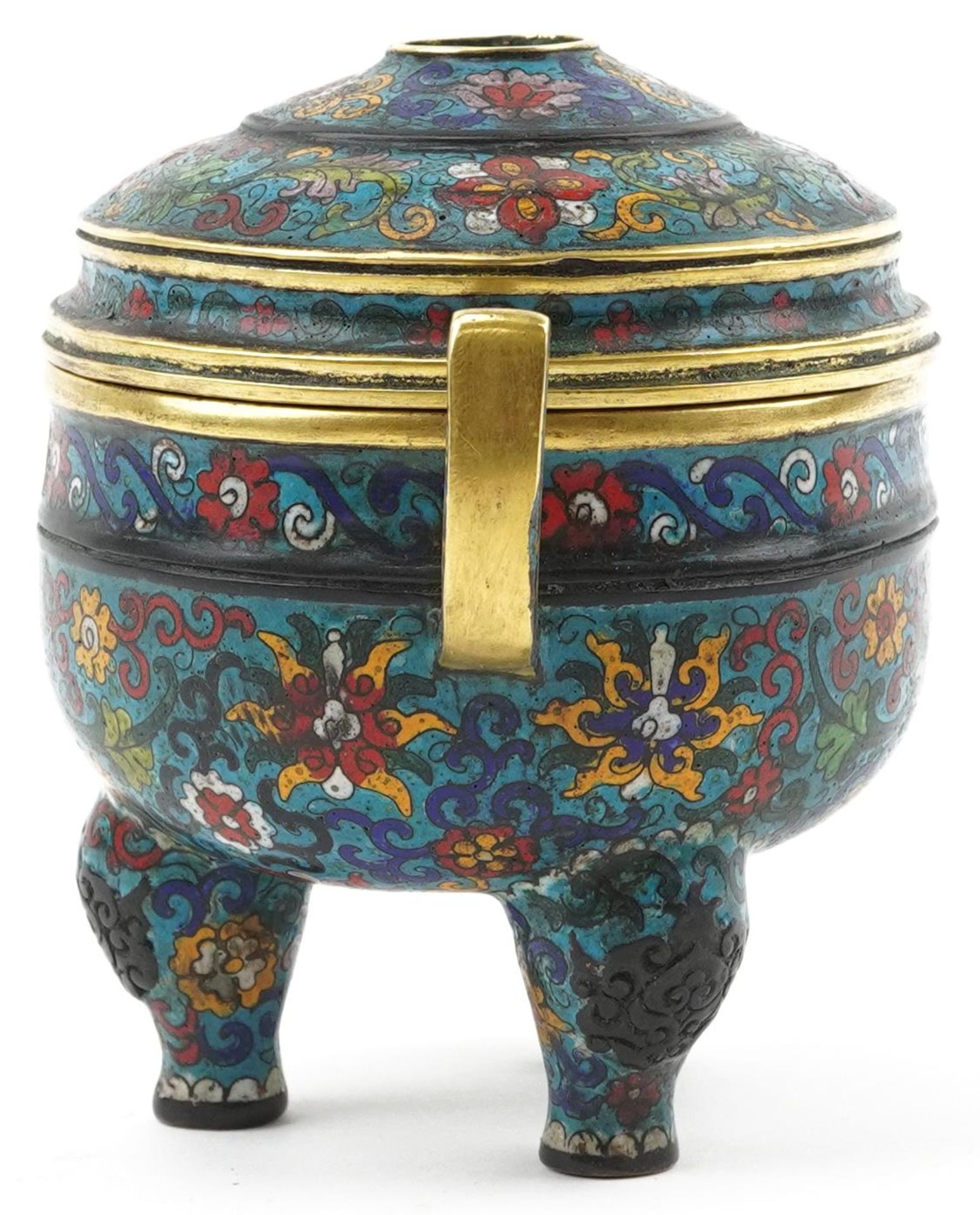Chinese cloisonne patinated bronze tripod censer with pierced cover enamelled with flowers, four - Image 2 of 8