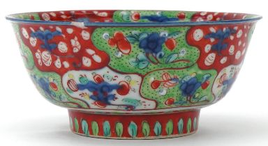18th Century Chinese blue and white bowl overpainted with iron red and green, decorated with