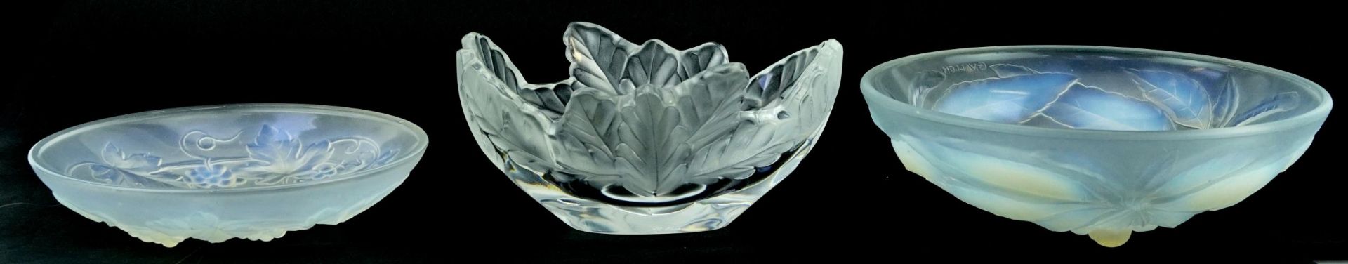 Lalique frosted leaf design dish, etched mark to the reverse, opalescent bowl with cherries and a