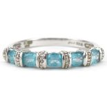 9ct white gold aquamarine and diamond half eternity ring, size O/P, 2.2g