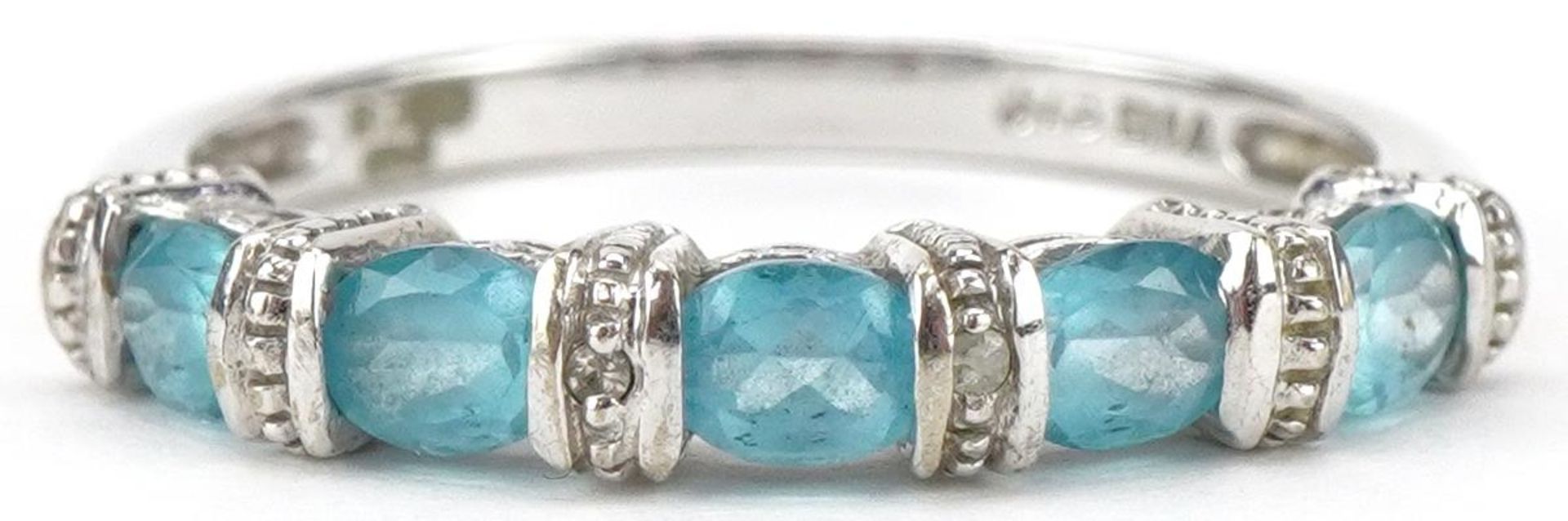 9ct white gold aquamarine and diamond half eternity ring, size O/P, 2.2g