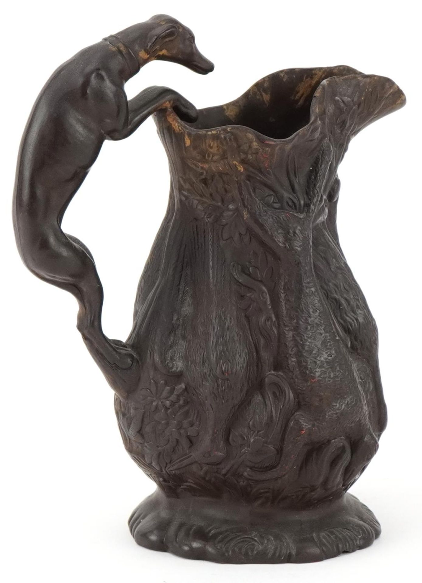 Victorian Wilhelm Schiller & Sons pottery hunting jug with greyhound design handle, 19cm high - Image 5 of 10