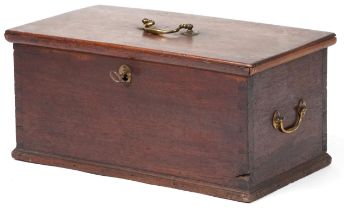 Victorian oak scroll box with brass handles, 24cm H x 50cm W x 27cm D