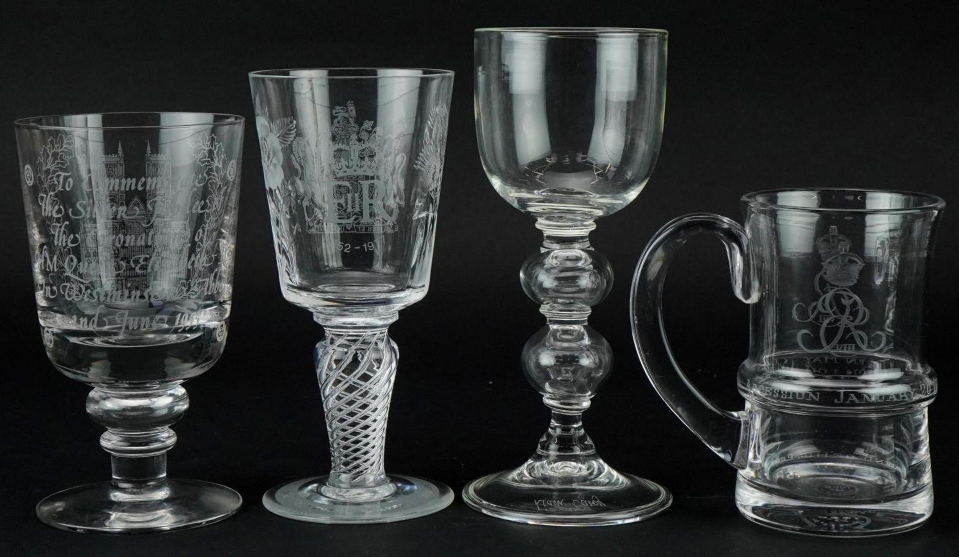 Four glasses including Elizabeth II Queen's Silver Jubilee goblet with air twist stem, the largest - Image 4 of 9