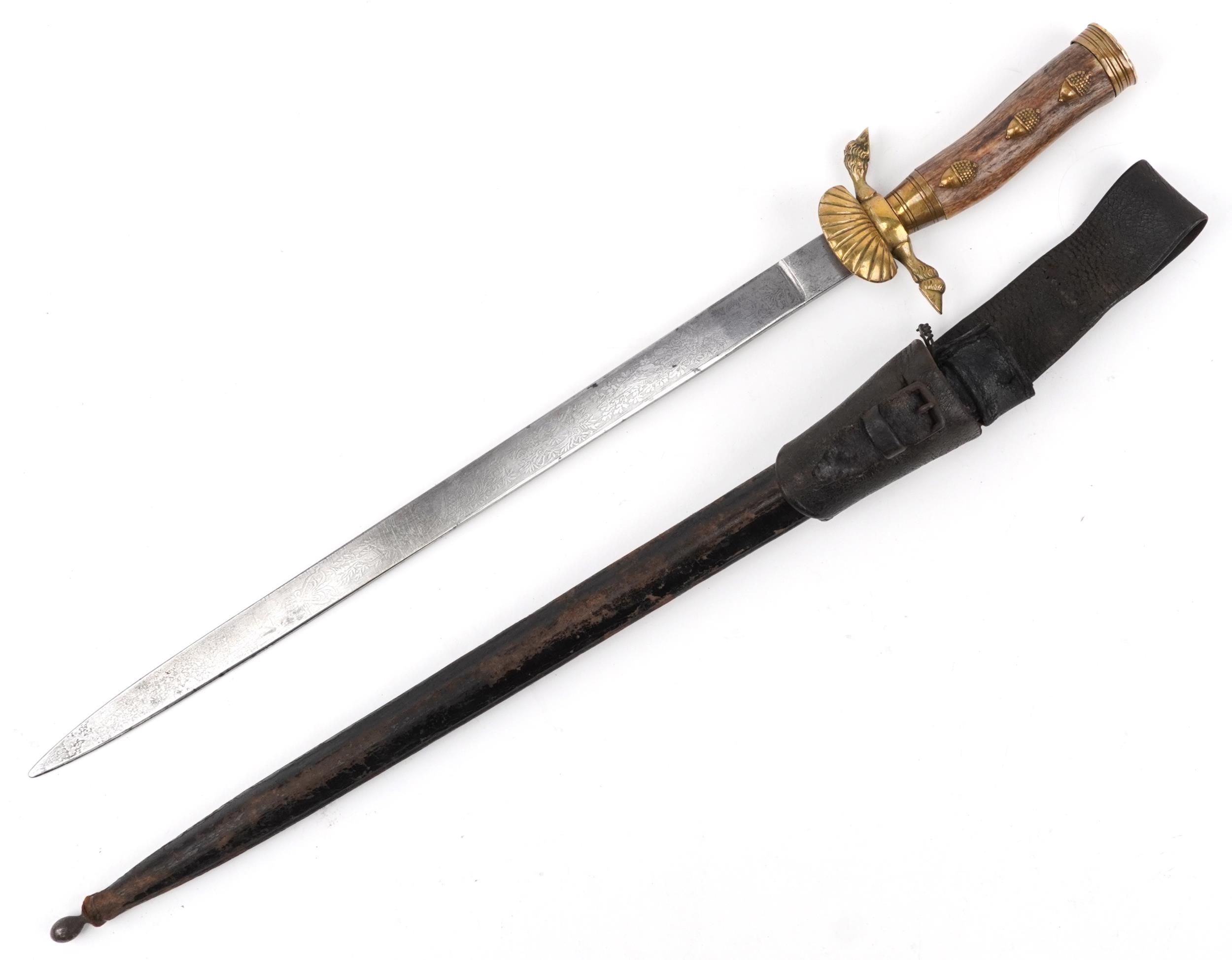 German military interest hunting knife with leather scabbard, staghorn handle and steel blade having - Image 2 of 4
