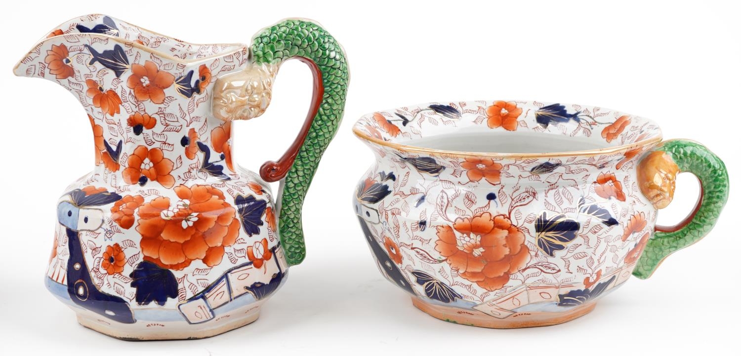 Masons style ironstone wash jug, basin and chamber pot, each decorated in the Imari palette with - Image 2 of 6