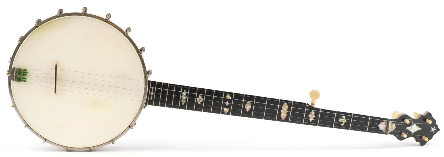 American George Washburn banjo with ebony and mother of pearl inlaid fret in canvas case,
