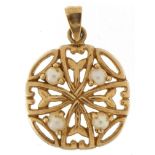 9ct gold seed pearl openwork pendant, 1.8cm high, 1.6g