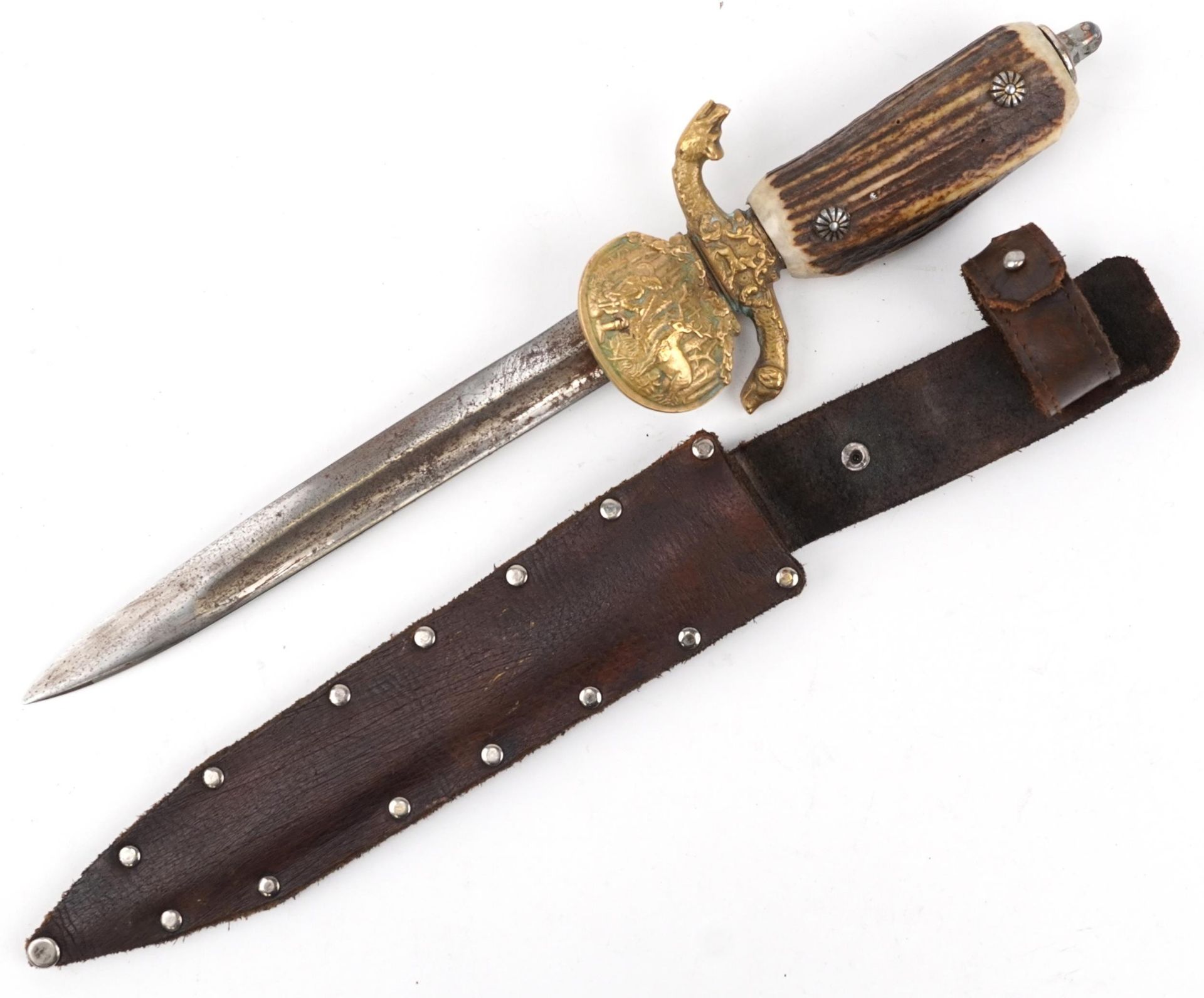 German military interest hunting knife with leather sheath, staghorn handle and steel blade having