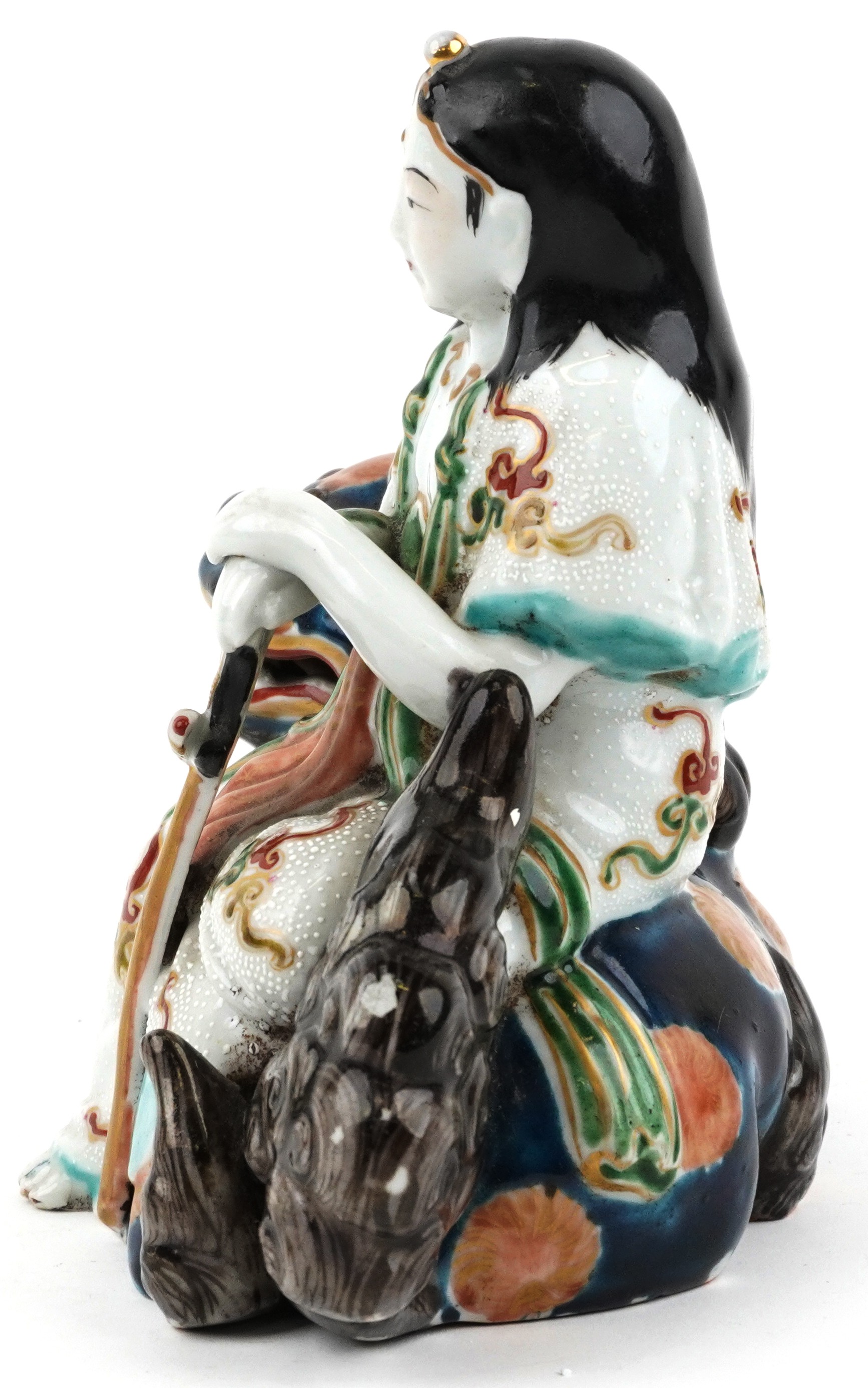 Japanese Kutani porcelain figure of a female on mythical animal, 15.5cm wide - Image 2 of 6