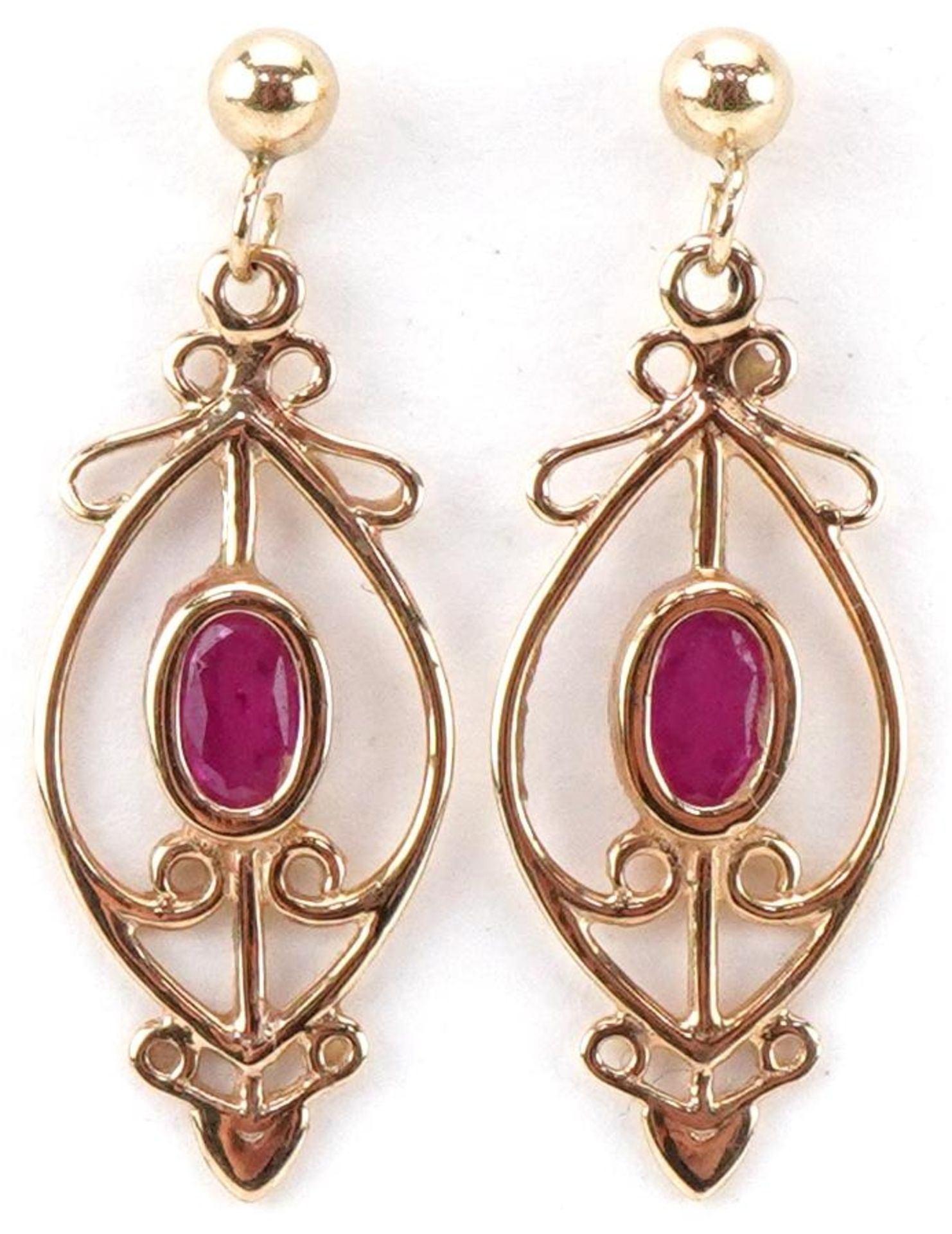 Pair of Art Nouveau style 9ct gold ruby openwork drop earrings, each 2.8cm high, total 1.4g