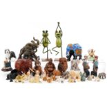 Model animals including carved hardwood elephant and two novelty frogs together with a hardwood