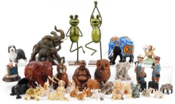 Model animals including carved hardwood elephant and two novelty frogs together with a hardwood