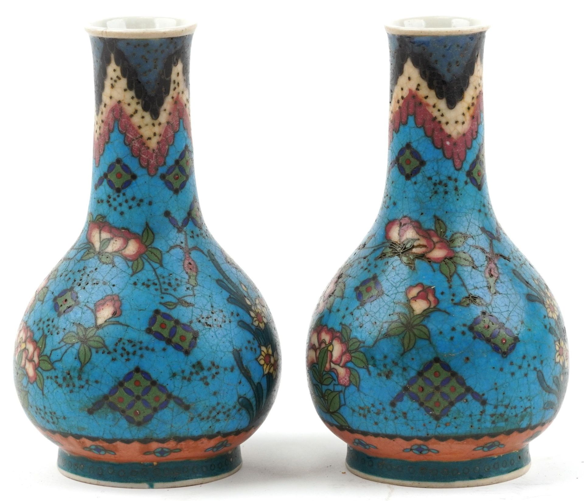 Pair of Japanese Owari shippo porcelain vases enamelled with flowers, each 19cm high - Image 3 of 6