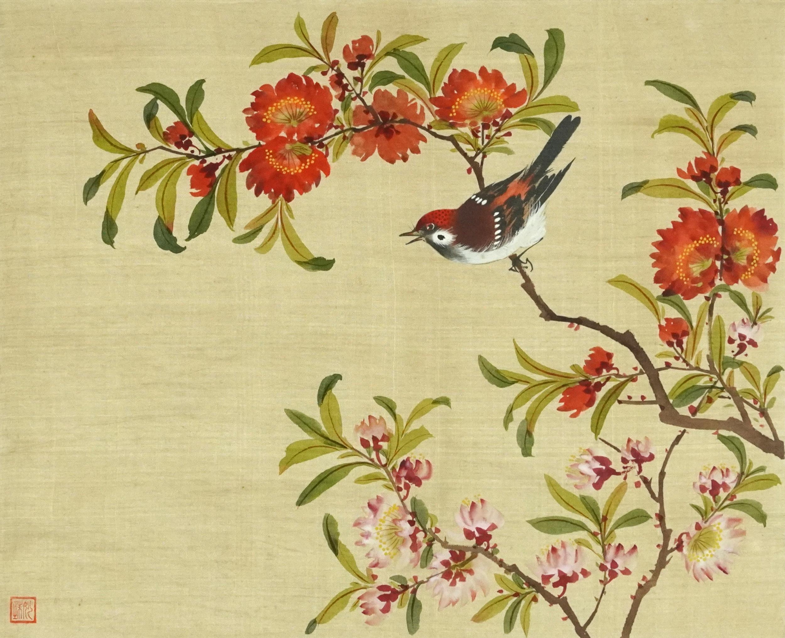 Bird and butterfly amongst flowers, pair of Chinese watercolours on silk signed with red seal marks, - Bild 2 aus 9