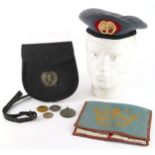 Naval interest silk and cloth pouch, sporting medals, cap and London Scottish leather shoulder