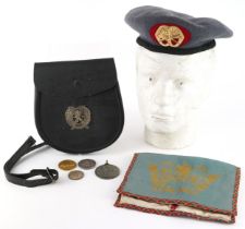 Naval interest silk and cloth pouch, sporting medals, cap and London Scottish leather shoulder