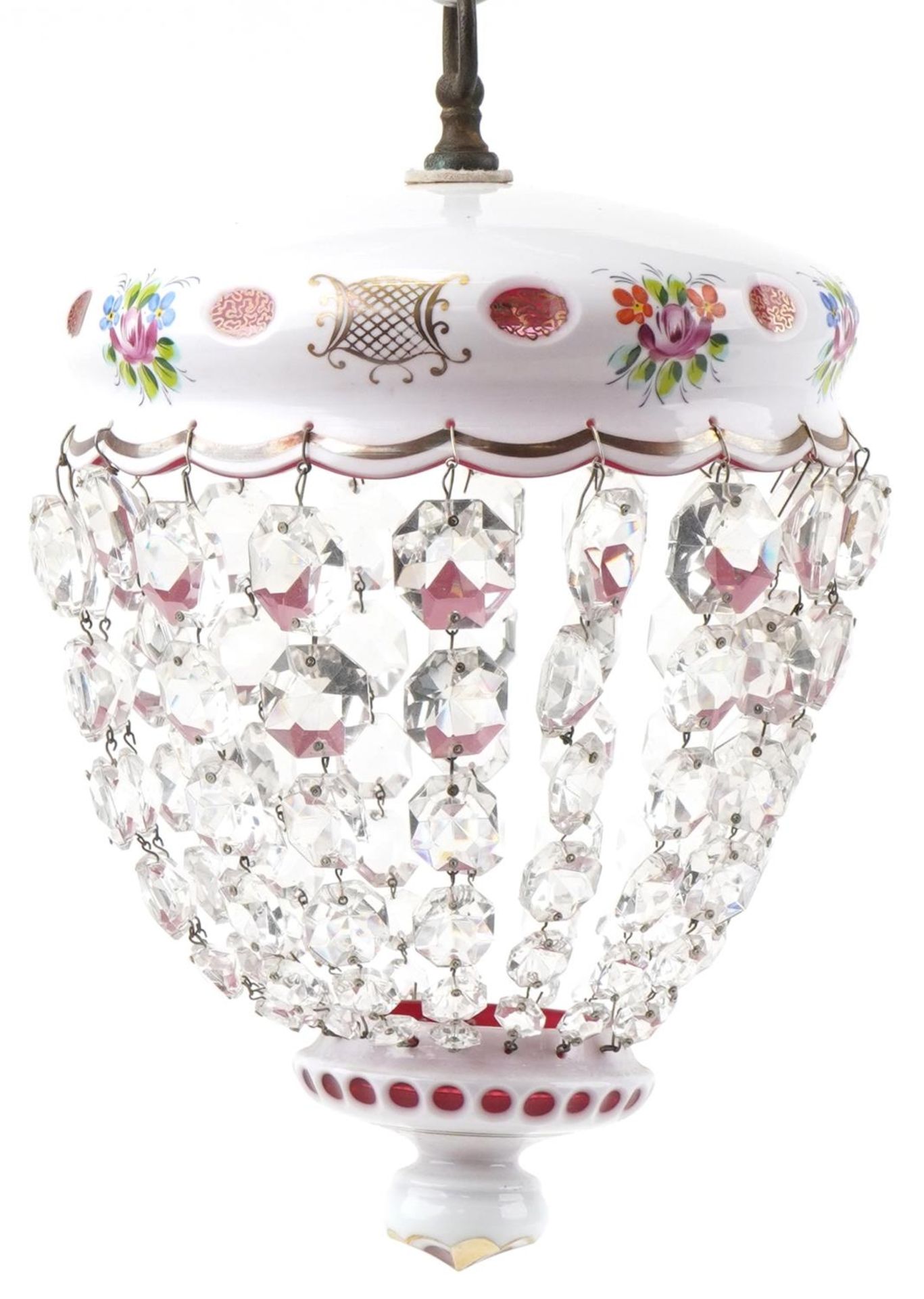 Attributed to Moser, Bohemian white overlaid cranberry glass hanging light pendant with cut glass - Image 4 of 6