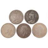 Two Victorian 1889 silver crowns, two George V 1935 silver crowns and a George VI 1937 silver crown