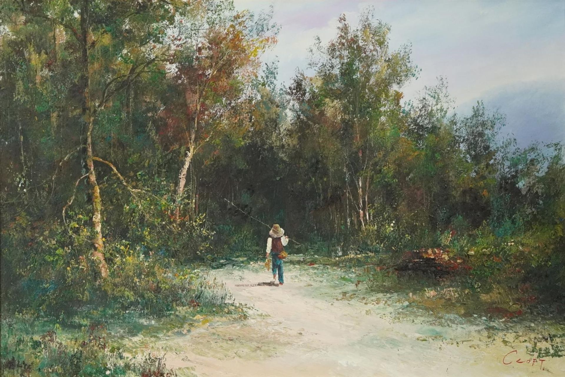 Figure on path through woodland, Impressionist oil on canvas, bearing an indistinct signature,