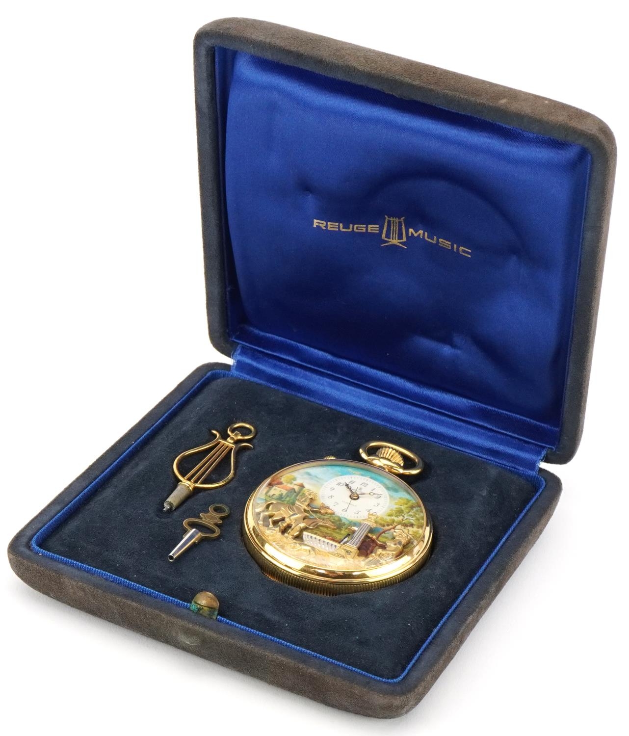 Gentlemen's gold plated Reuge Music open face pocket watch with box numbered 2443, 56mm in diameter - Image 2 of 8