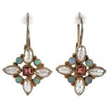 Pair of silver gilt multi gem earrings set with pearls, turquoise and garnets, possibly Austro-