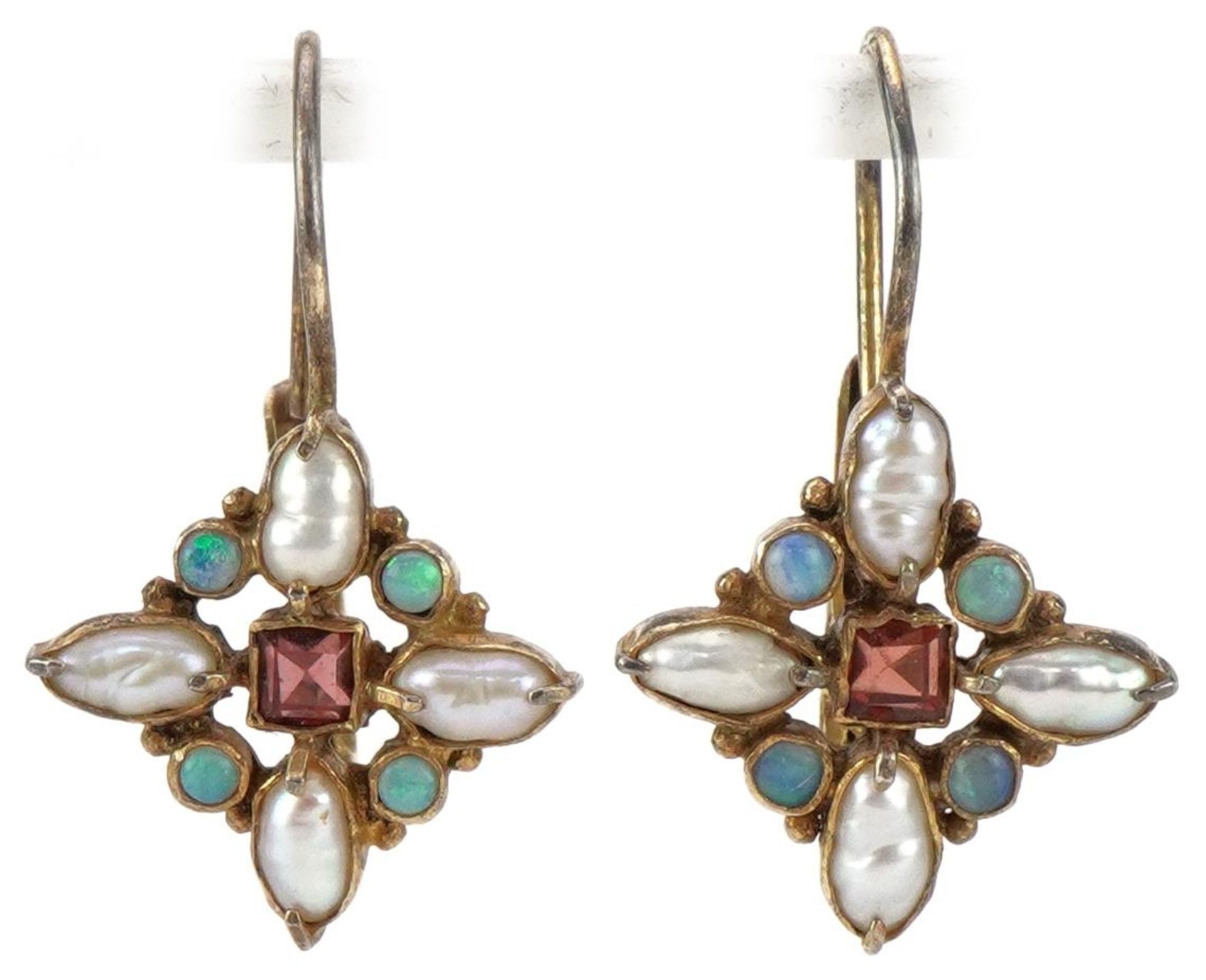 Pair of silver gilt multi gem earrings set with pearls, turquoise and garnets, possibly Austro-