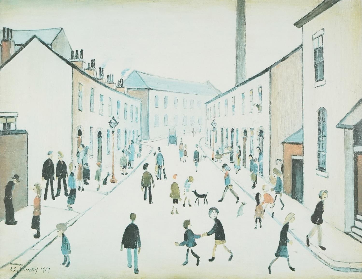 After Laurence Stephen Lowry - Coronation Street, vintage print in colour, mounted, Manchester stamp
