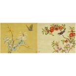 Bird and butterfly amongst flowers, pair of Chinese watercolours on silk signed with red seal marks,