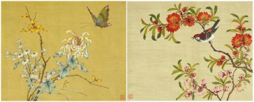 Bird and butterfly amongst flowers, pair of Chinese watercolours on silk signed with red seal marks,
