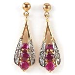 Pair of 9ct gold ruby and diamond drop earrings, each 2.3cm high, total 1.8g