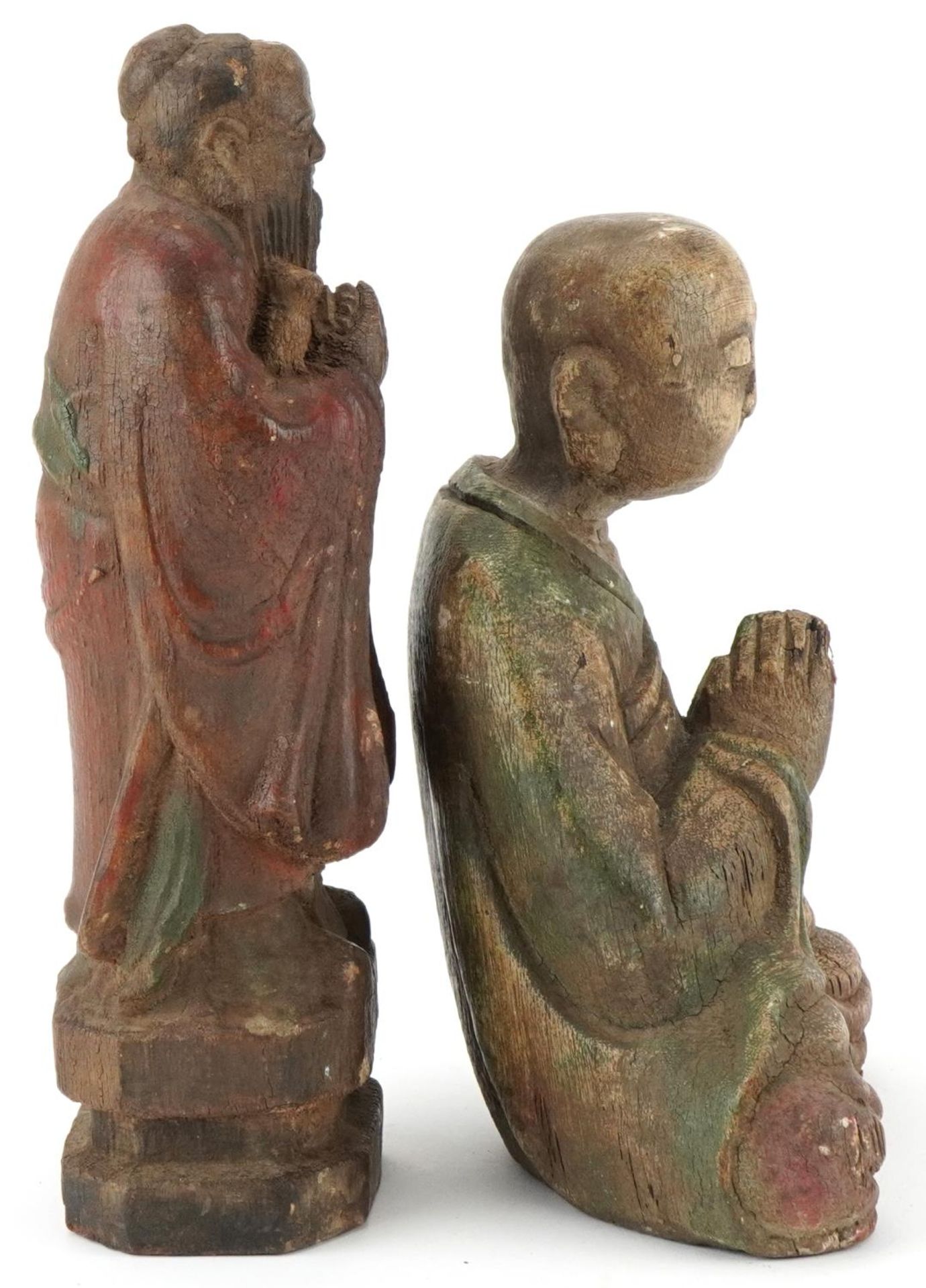 Chinese polychrome painted carved wood seated Buddha and an Elder figure, the largest 27cm high - Image 4 of 6