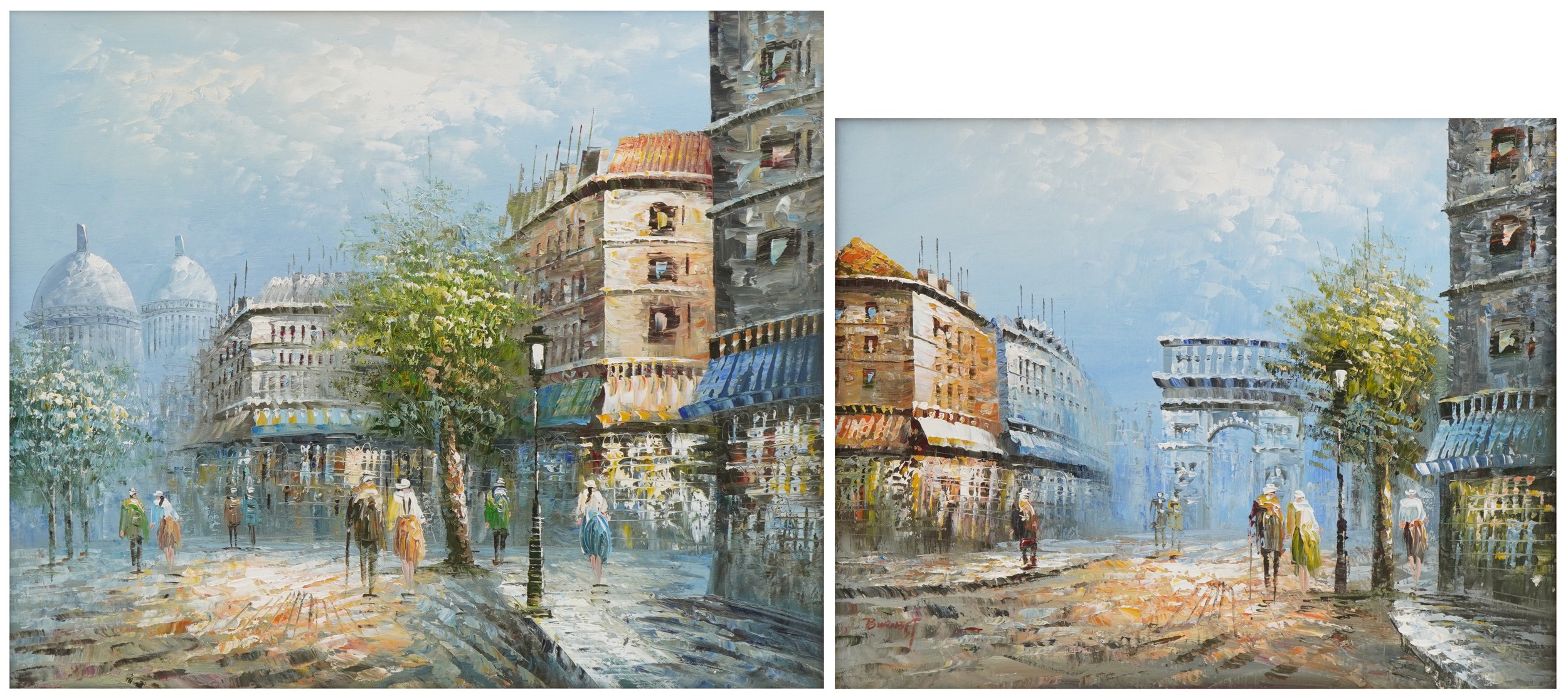 Burnett, two Parisian street scenes - oil on canvas, each framed, the largest 60cm x 50cm