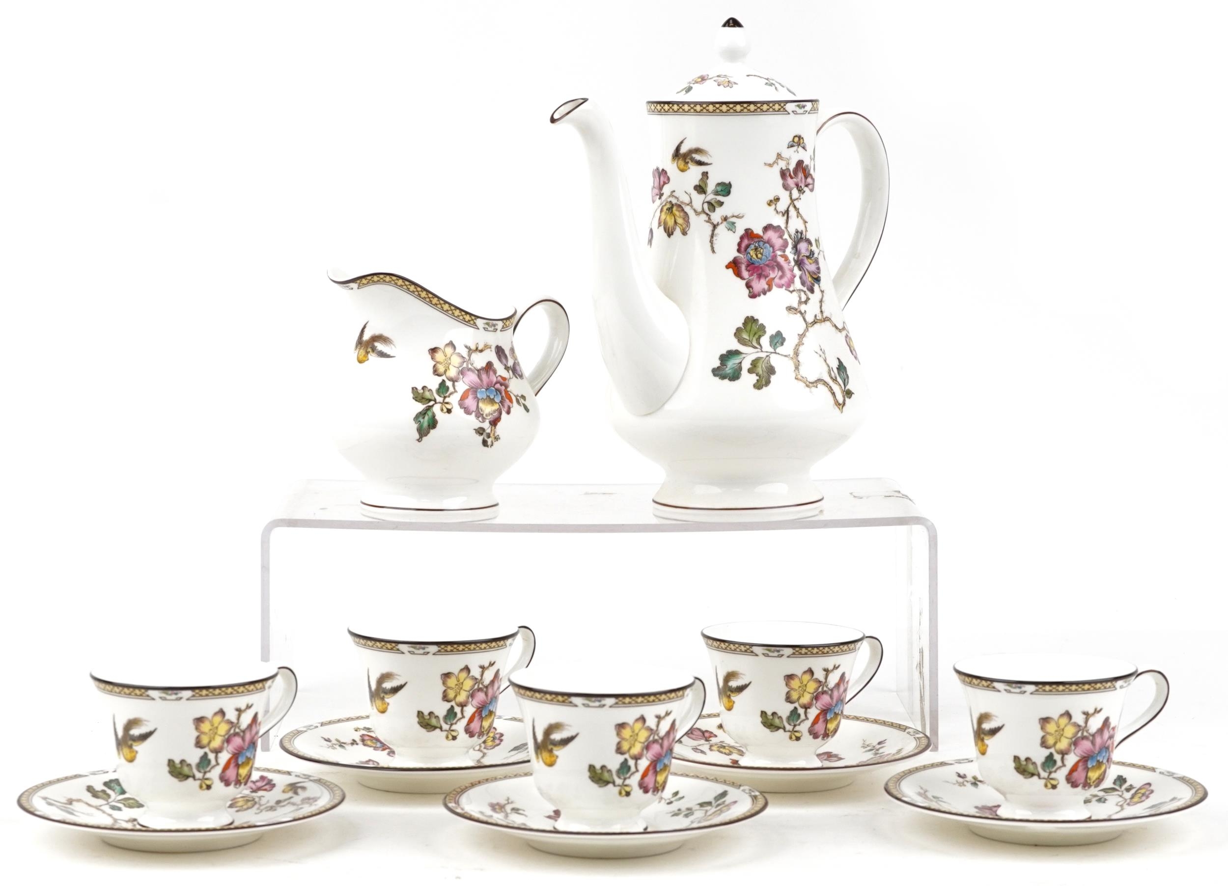 Wedgwood Swallow part coffee service comprising coffee pot, milk jug, six cups and five saucers, the