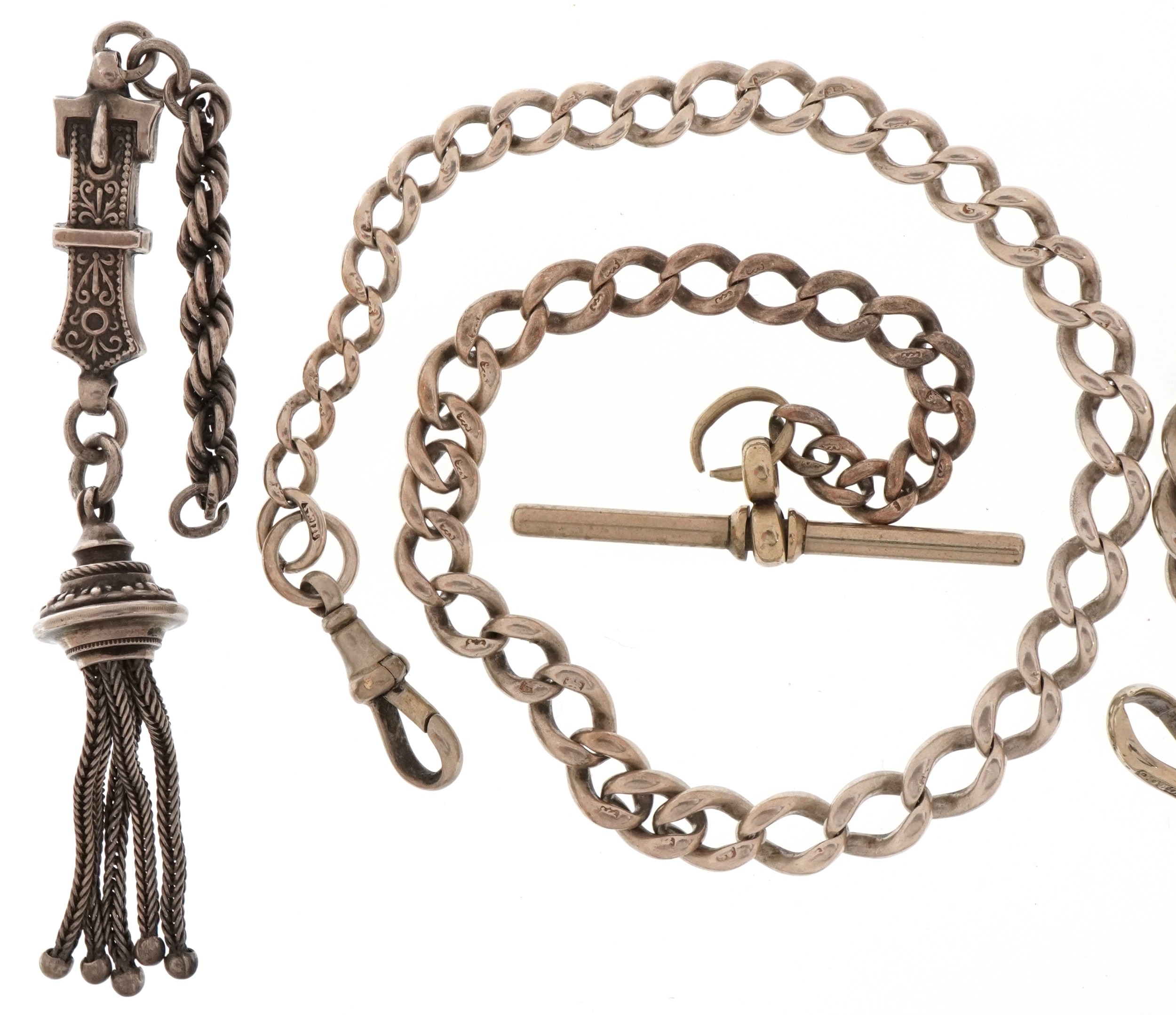 Three silver and white metal watch chains and a Victorian unmarked silver buckle design tassel, - Image 3 of 4