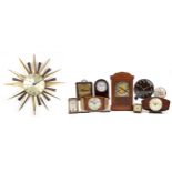 Vintage and later clocks including mid century Metamec sunburst wall clock, the largest 57cm in
