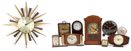 Vintage and later clocks including mid century Metamec sunburst wall clock, the largest 57cm in