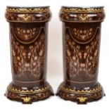 Pair of French Louis XV style walnut effect demi lune pedestals with gilt metal mounts, marble