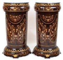 Pair of French Louis XV style walnut effect demi lune pedestals with gilt metal mounts, marble