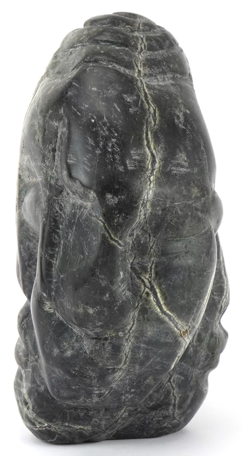 Large natural history and geology interest serpentine specimen carved with three faces, 20cm high - Image 2 of 5